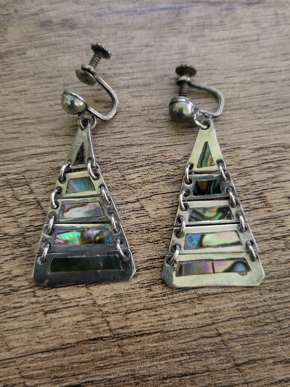 Vintage Sterling Silver Shell Inlay A Triangle Screw Earrings
